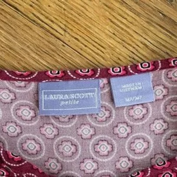 Laura Scott Boho Print 3/4 Sleeve Peasant Blouse Burgundy Ivory Size MP - Picture 2 of 8